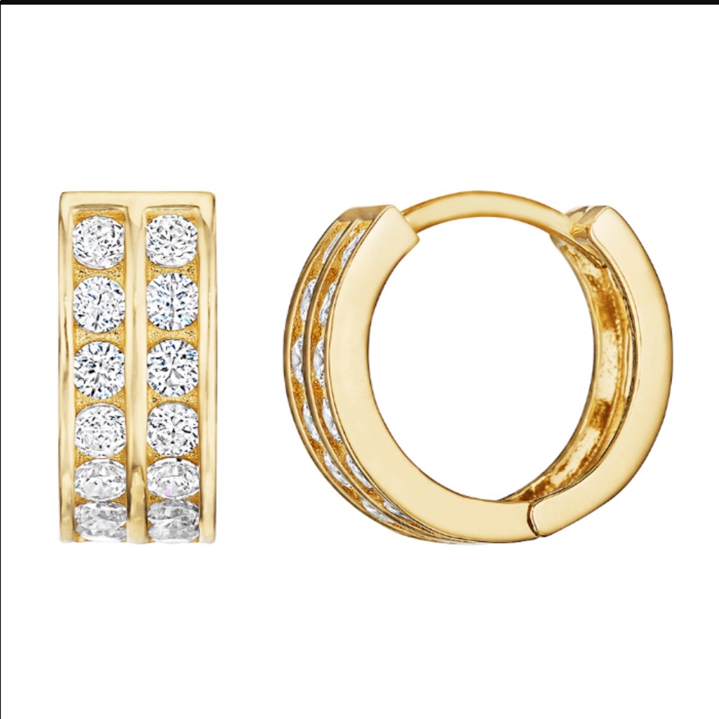 14k Solid Gold Two Row Cz Huggie Hoop Earring
